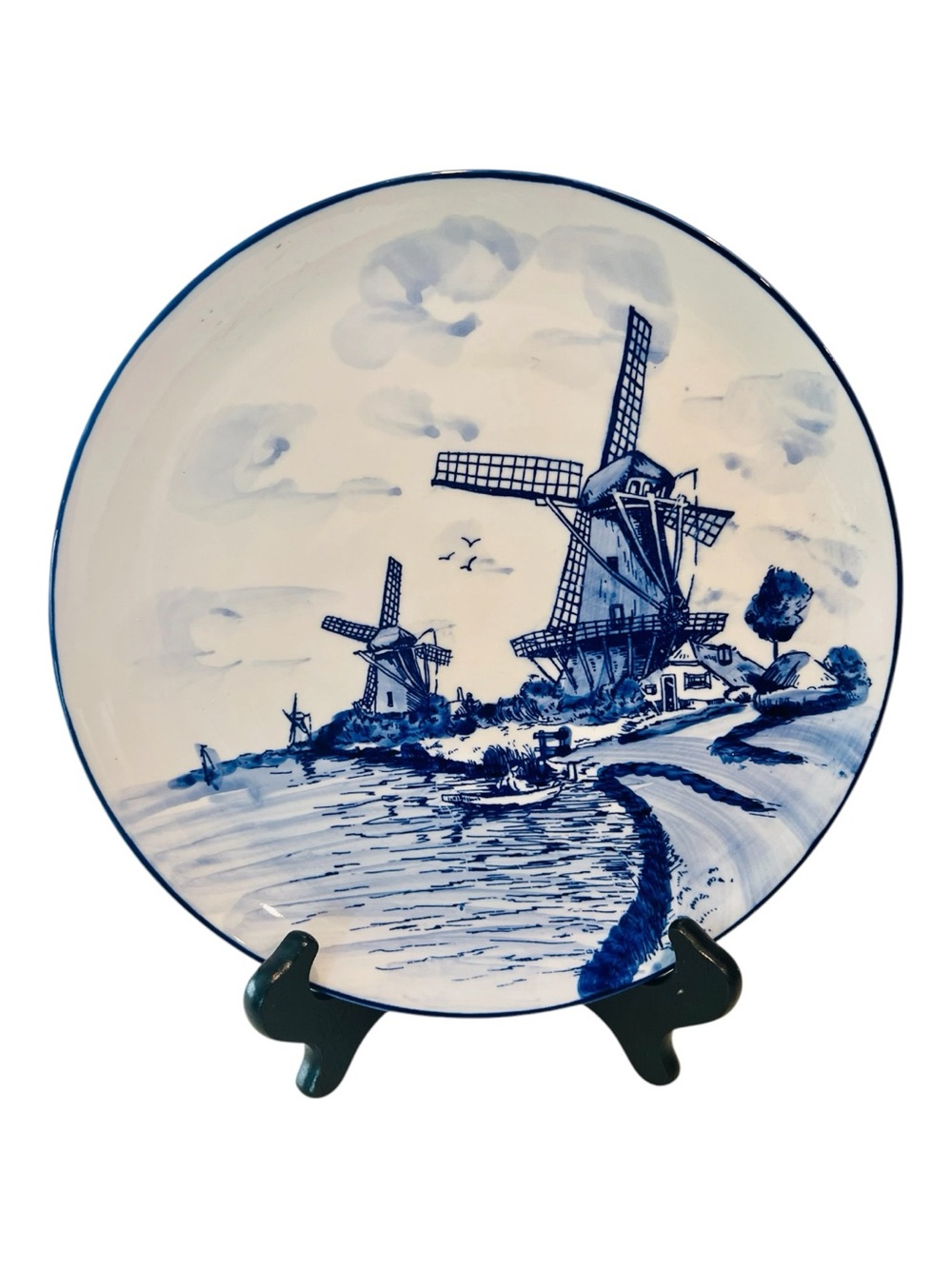 Vintage Hand Painted Dutch Windmill Blue & White Wall Plate